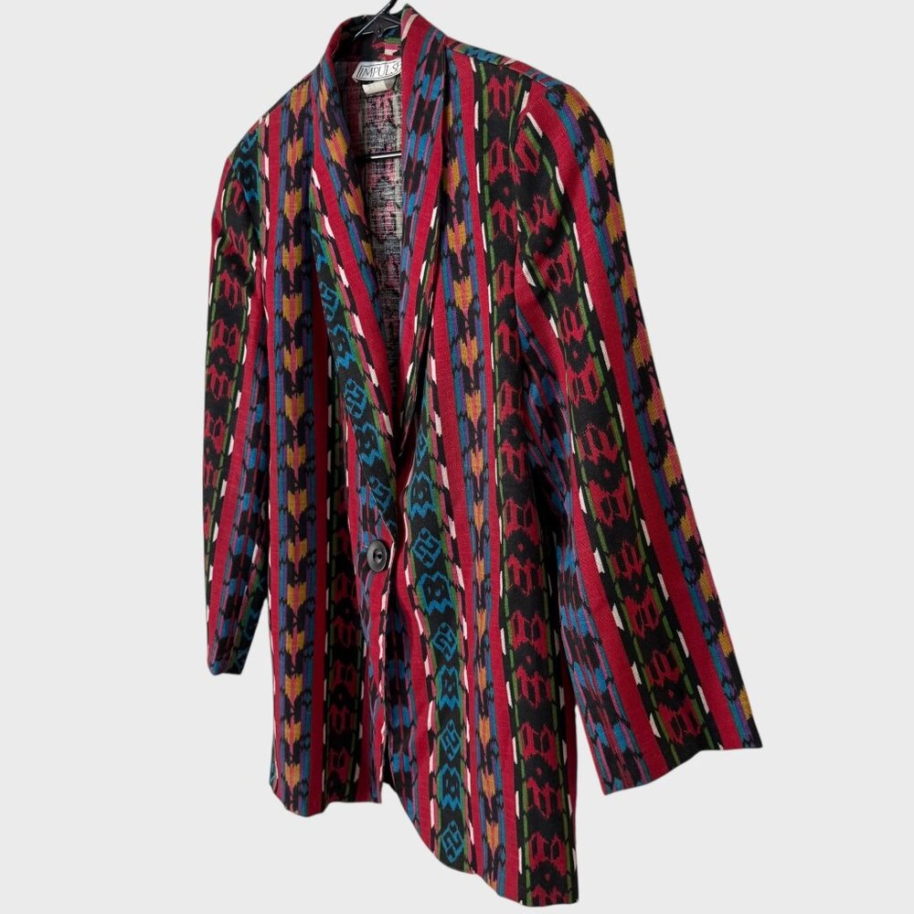 Vintage 90's Boho Banded Tribal Print Blazer Jacket Multicolor Women's Medium - Picture 2 of 11